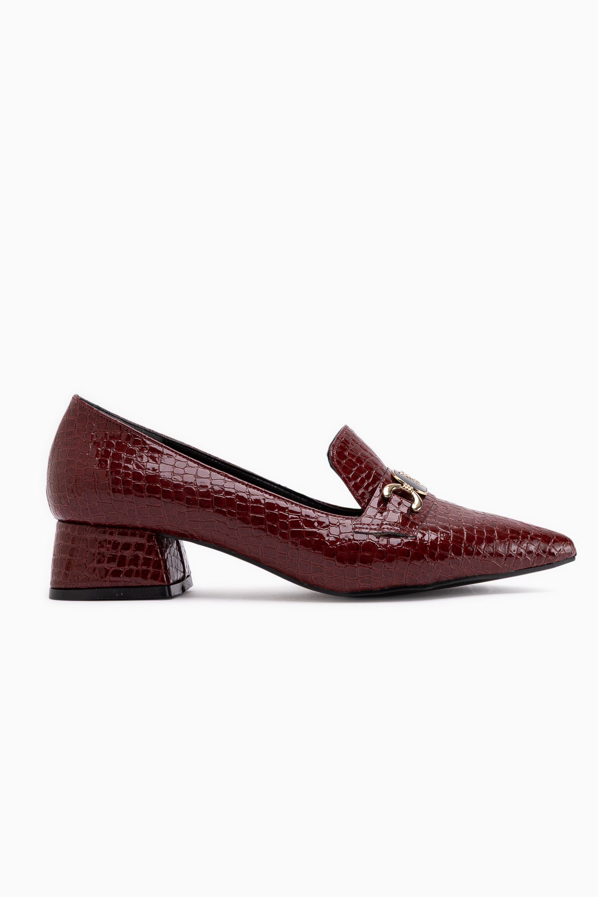 Jilan Burgundy Crocodile Print Leather Buckle Detailed Women’s Pointed Toe Shoes