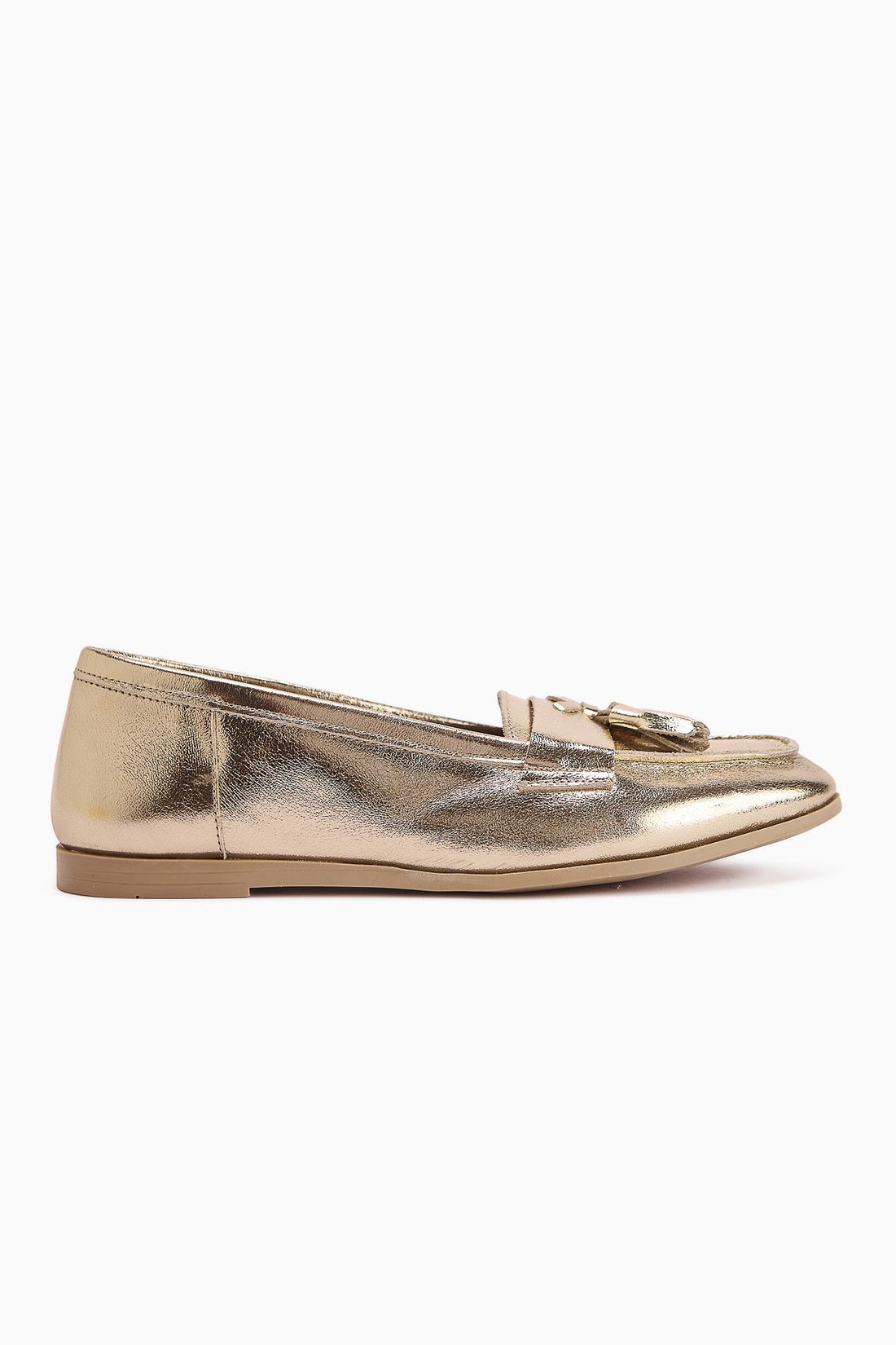 Doris Genuine Leather Gold Metallic Tasseled Women's Loafer Shoe