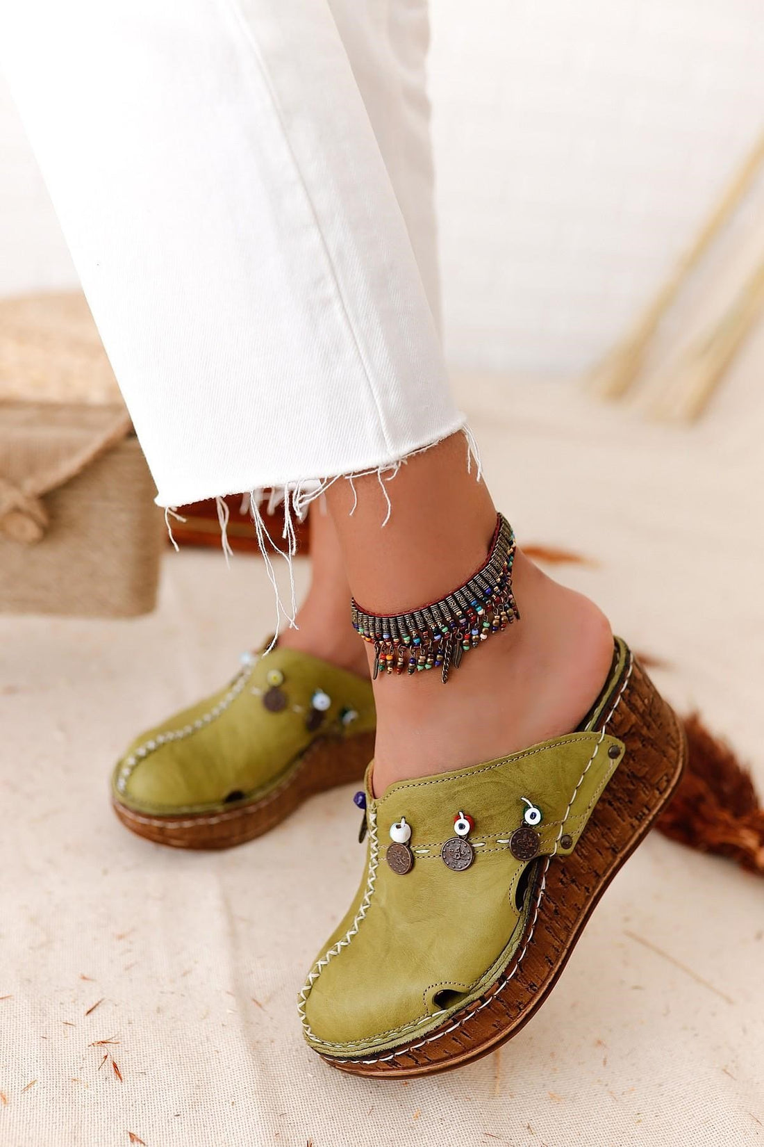 Genuine Leather Mabel Green Antique and Nazar Boncugu Detailed Comfort Sabo Slipper