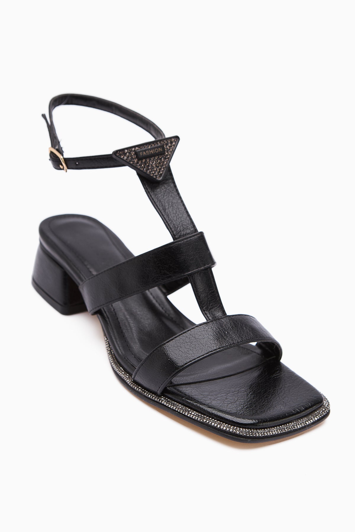 Shara Black Stone Detail Low-Heeled Women's Sandal