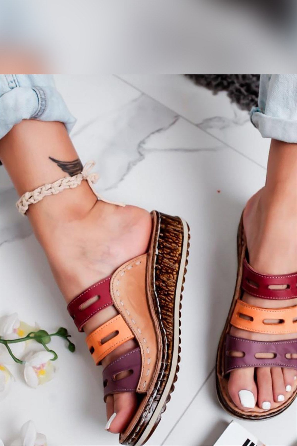 Joelle – Genuine Leather Nude Burgundy Purple Orange Laser-Cut Slide (Women)