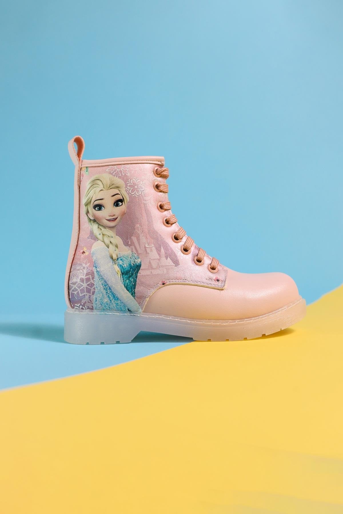 Evalisa Powder Pink Striped Character Print Lace-Up Kids' Boots