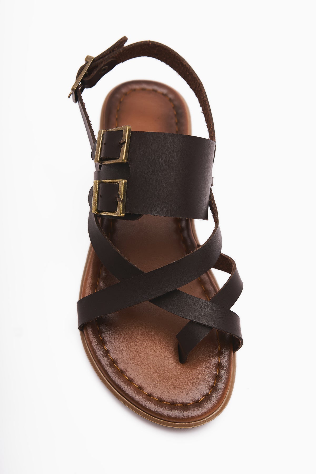 Doraseos Genuine Leather Buckle Detail Coffee Gladiator Sandals