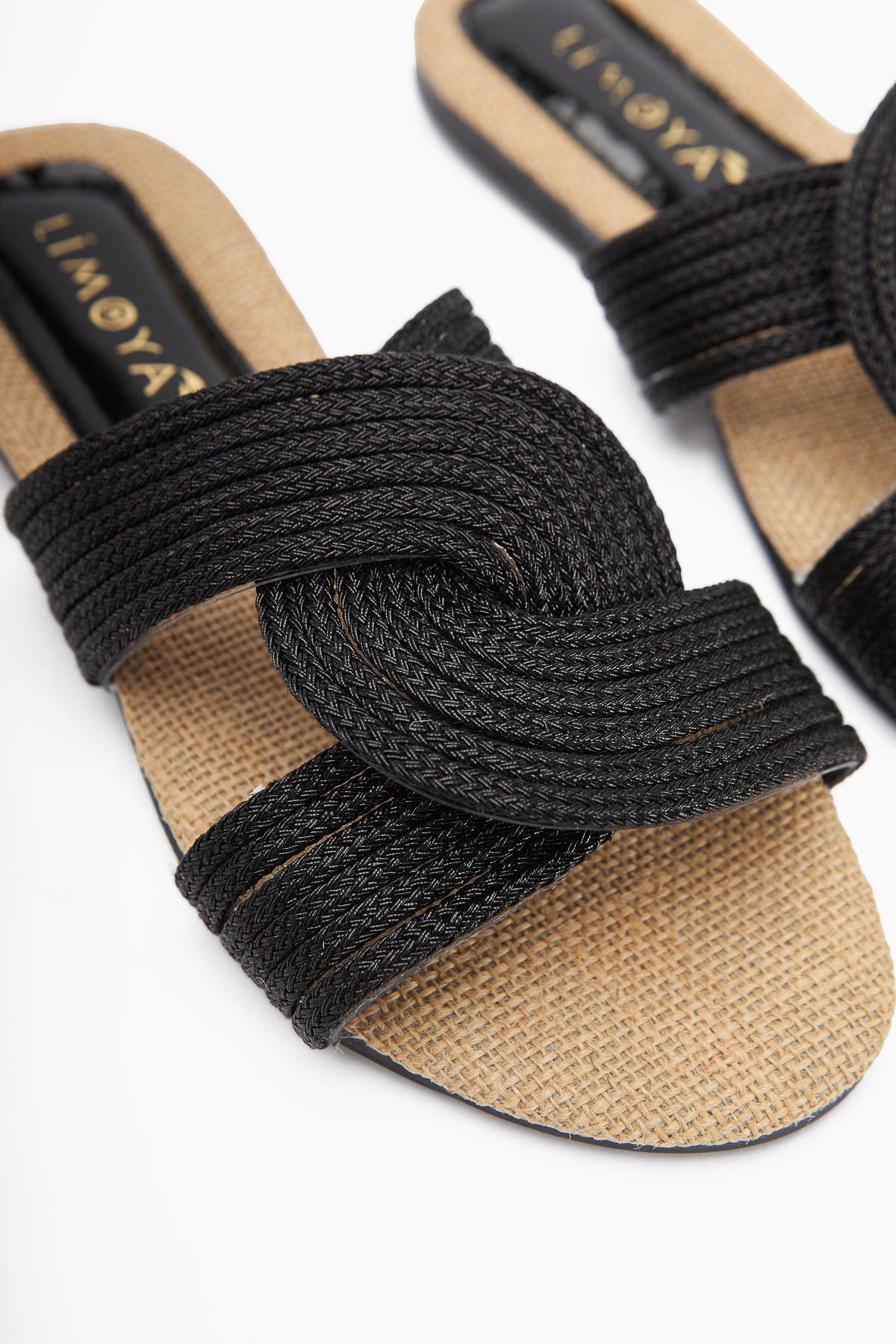 Nihaal – Black Straw Cross-Strap Flat Slide (Women)