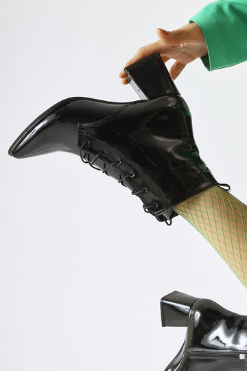 Kalaya – Black Patent Pointed-Toe Zippered Heeled Boot (Women)