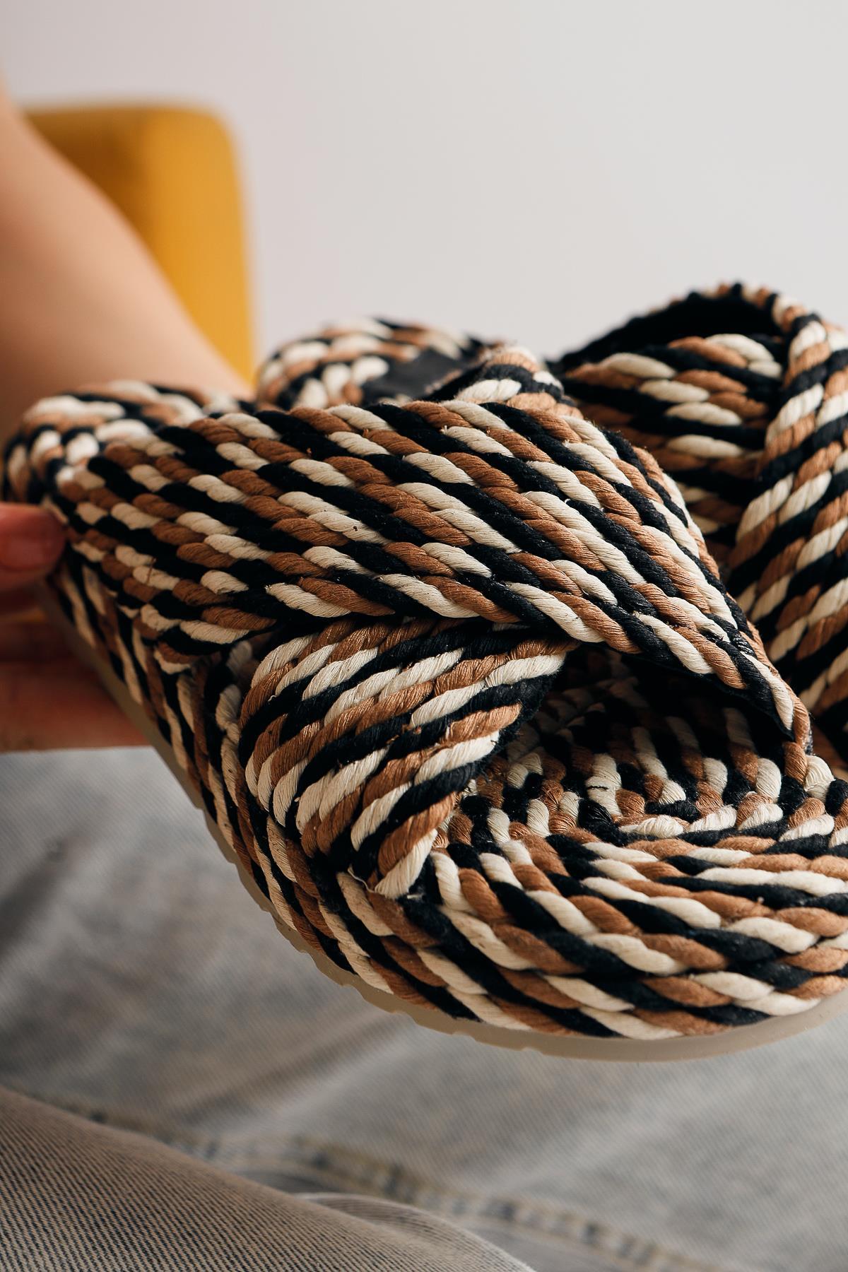 Leiya Black Cross-Strap Rope Slipper