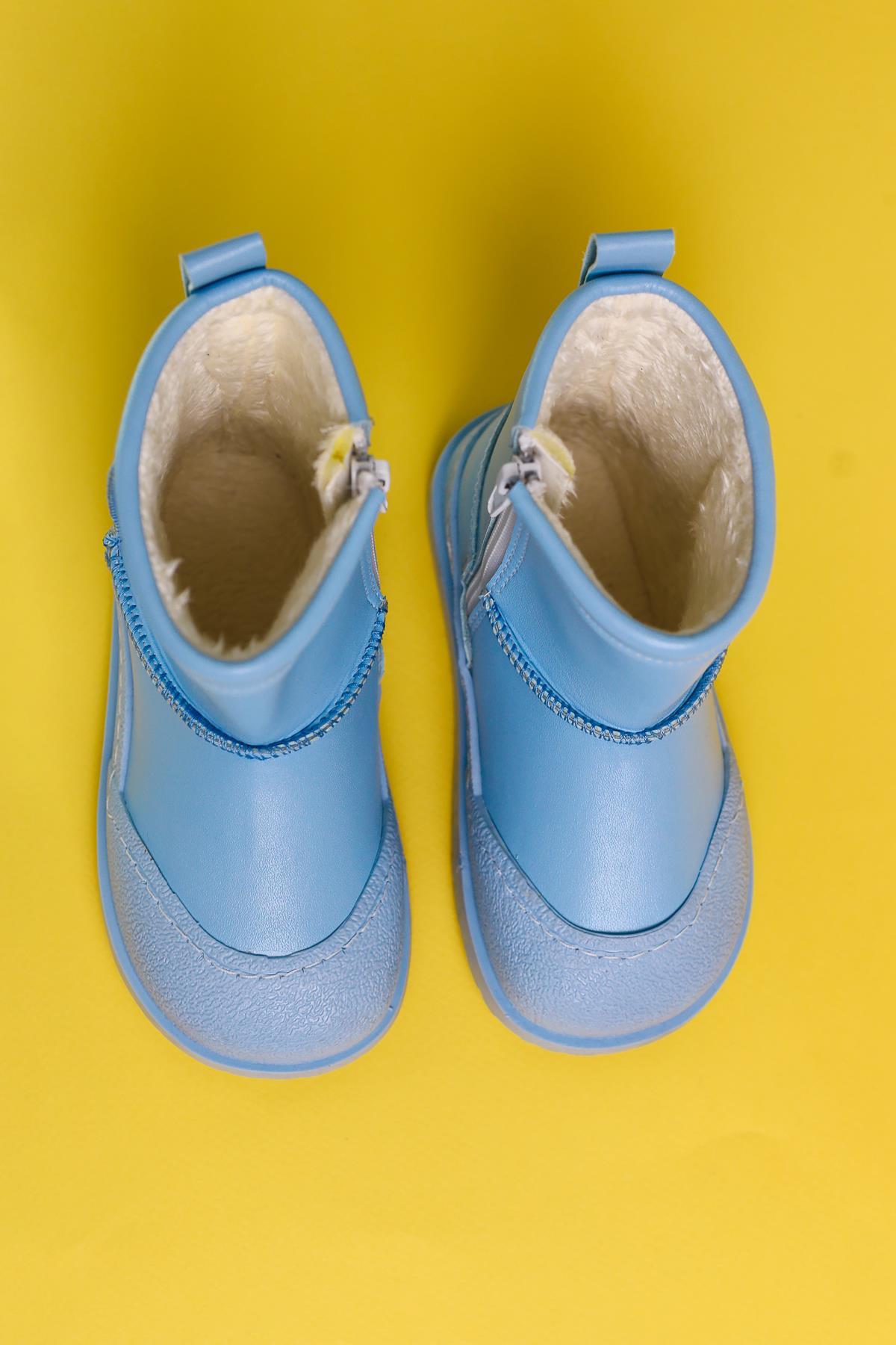 Jasmin Blue Reverse Stitch Detail Fur-Lined Kids' Boots