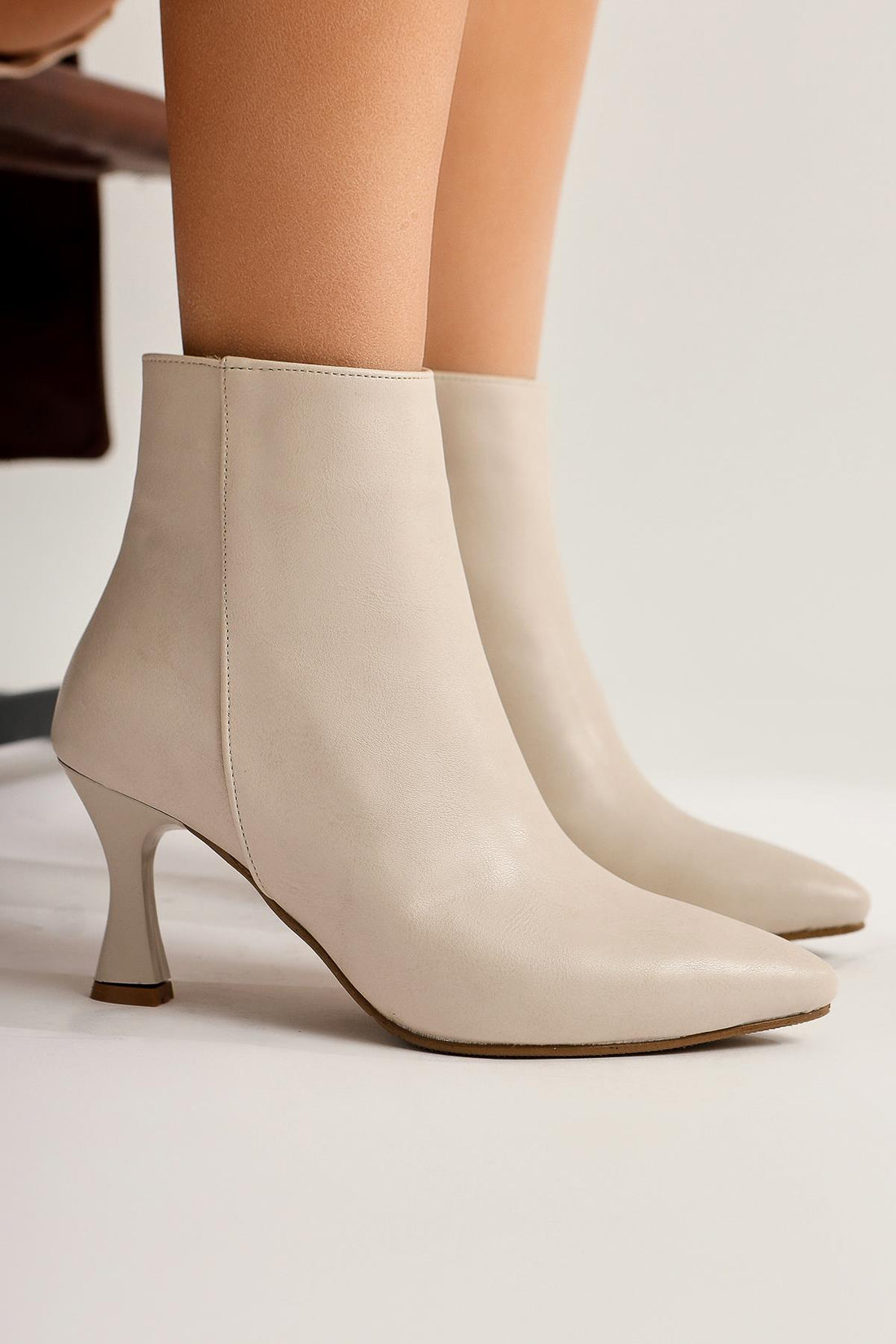Anna Eva Beige Pointed Toe Boot with Zipper and Slim Heel