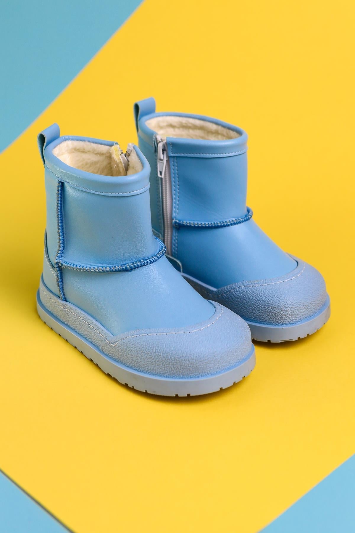 Jasmin Blue Reverse Stitch Detail Fur-Lined Kids' Boots