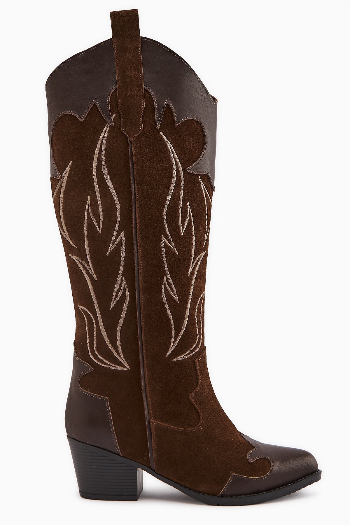 Lara – Genuine Leather Brown Suede-Embroidered Leather-Detail Heeled Western Knee-High Boot (Women)