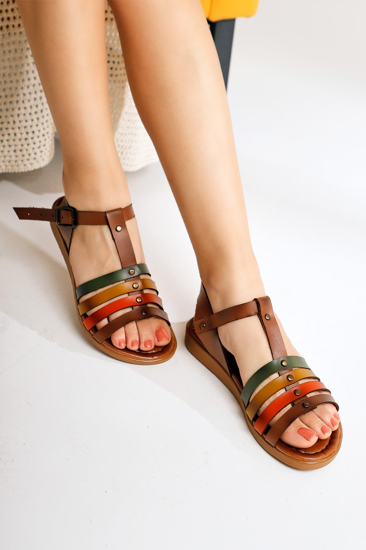 Akira Genuine Leather Taba Four-Strap Sandals