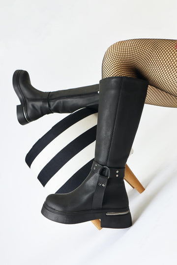 Lani Black Buckle and Stud Detail Chunky Sole Boot