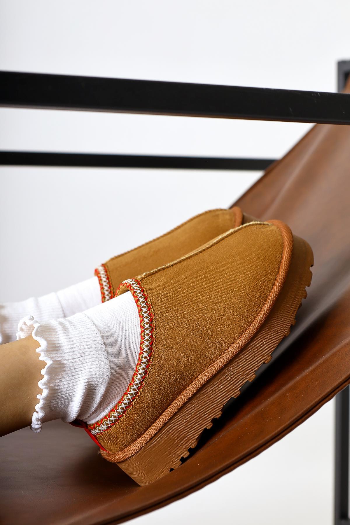Anne-Liis – Cognac Suede Woven-Detail Winter Slide (Women)