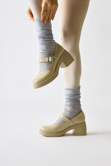 Jessi Beige Patent Single Strap Buckle Detail Oval Toe Casual Shoe