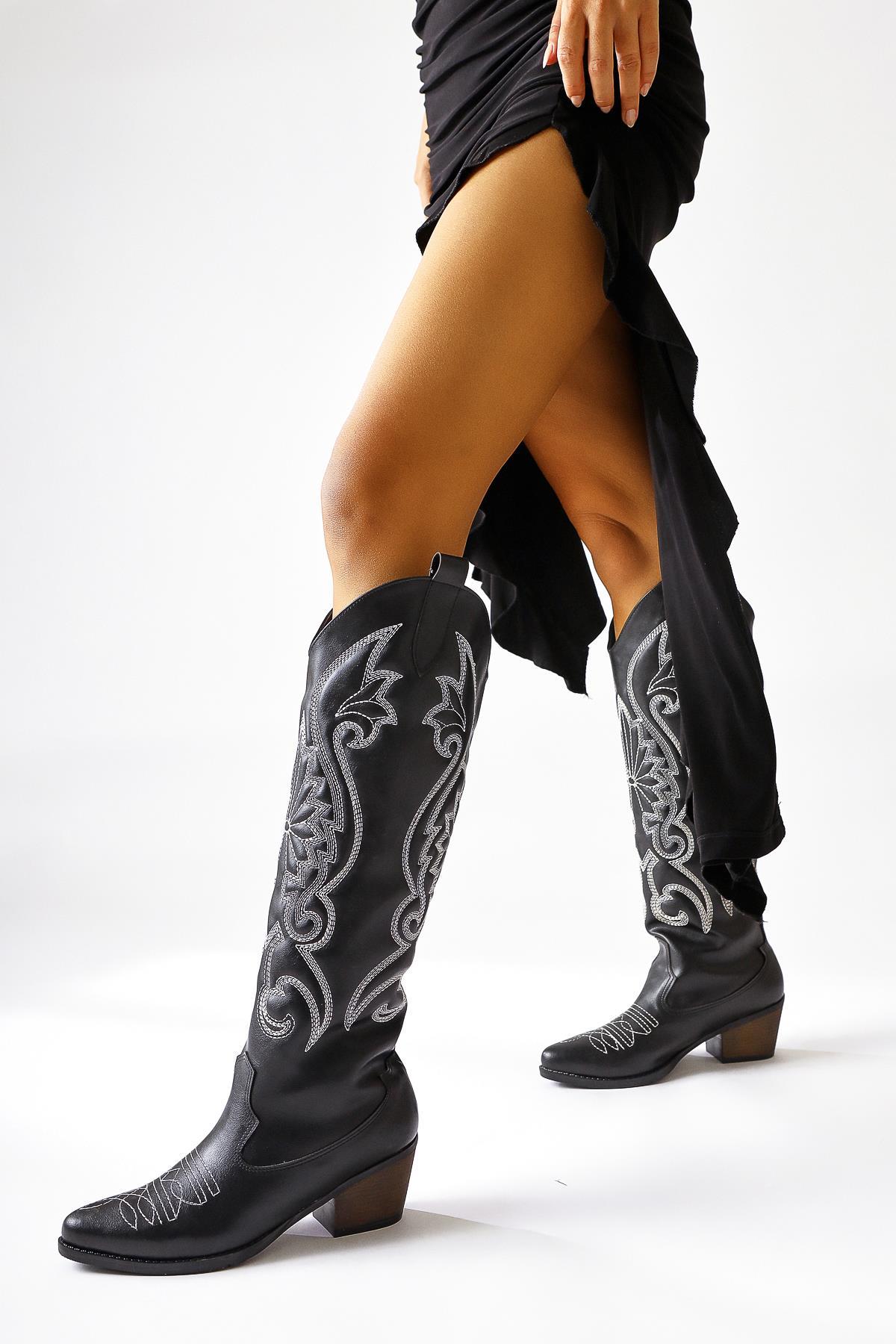Dani – Black Embroidery-Detail Pointed-Toe Western Knee-High Boot (Women)