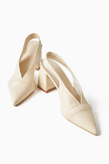 Essie Ecru Pointed Toe Elastic Stitch Detail Thick Heel Women's Shoes