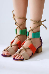 Unity Vizon Suede Thick Strap Rope Tie Heeled Sandals
