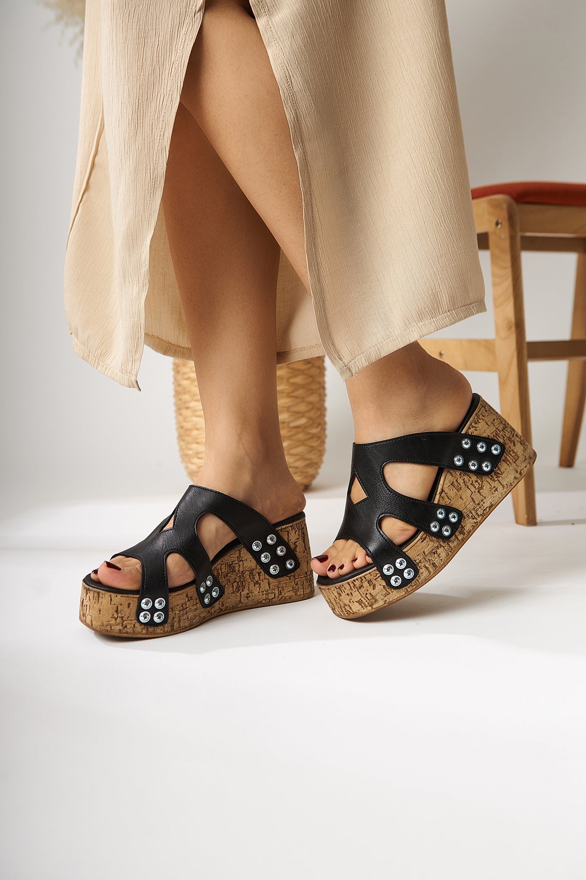 Freya Black Slide with Screw Detail