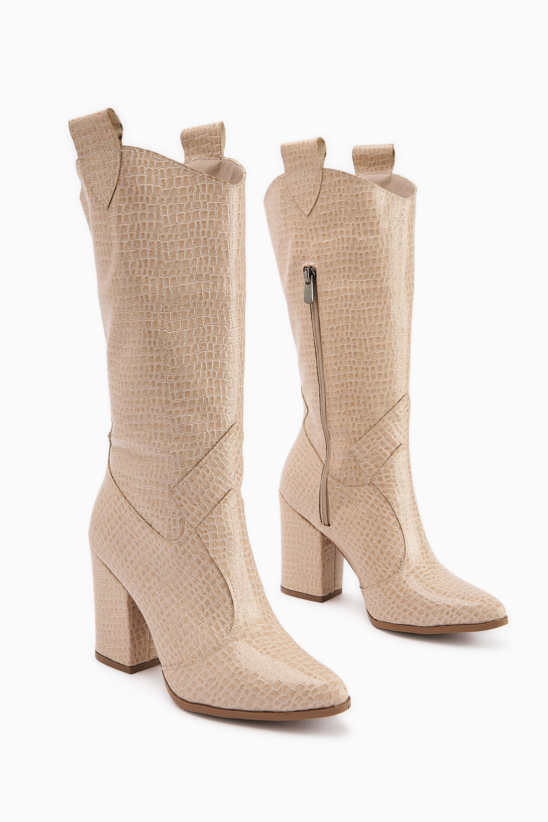 Keri Beige Crocodile Asymmetrical Cut Women’s Short Heeled Boots