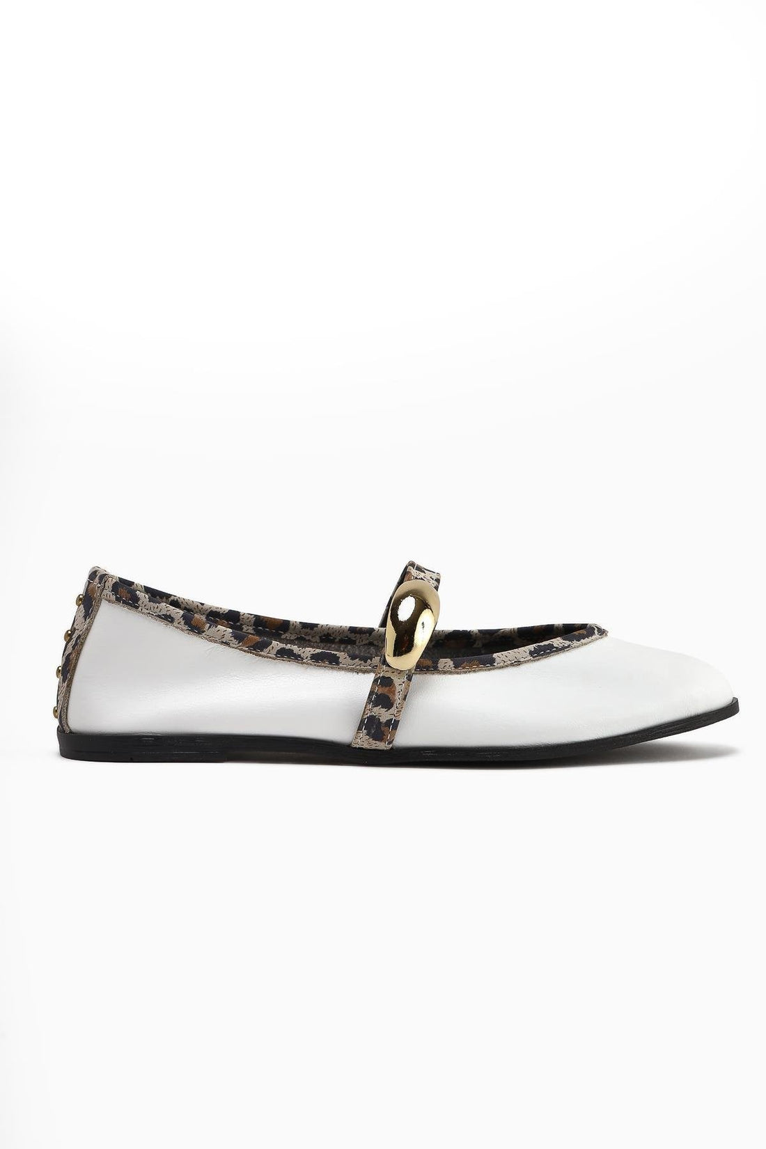 Aliana Genuine Leather White Women's Ballet Flat with Buckle and Leopard Detail