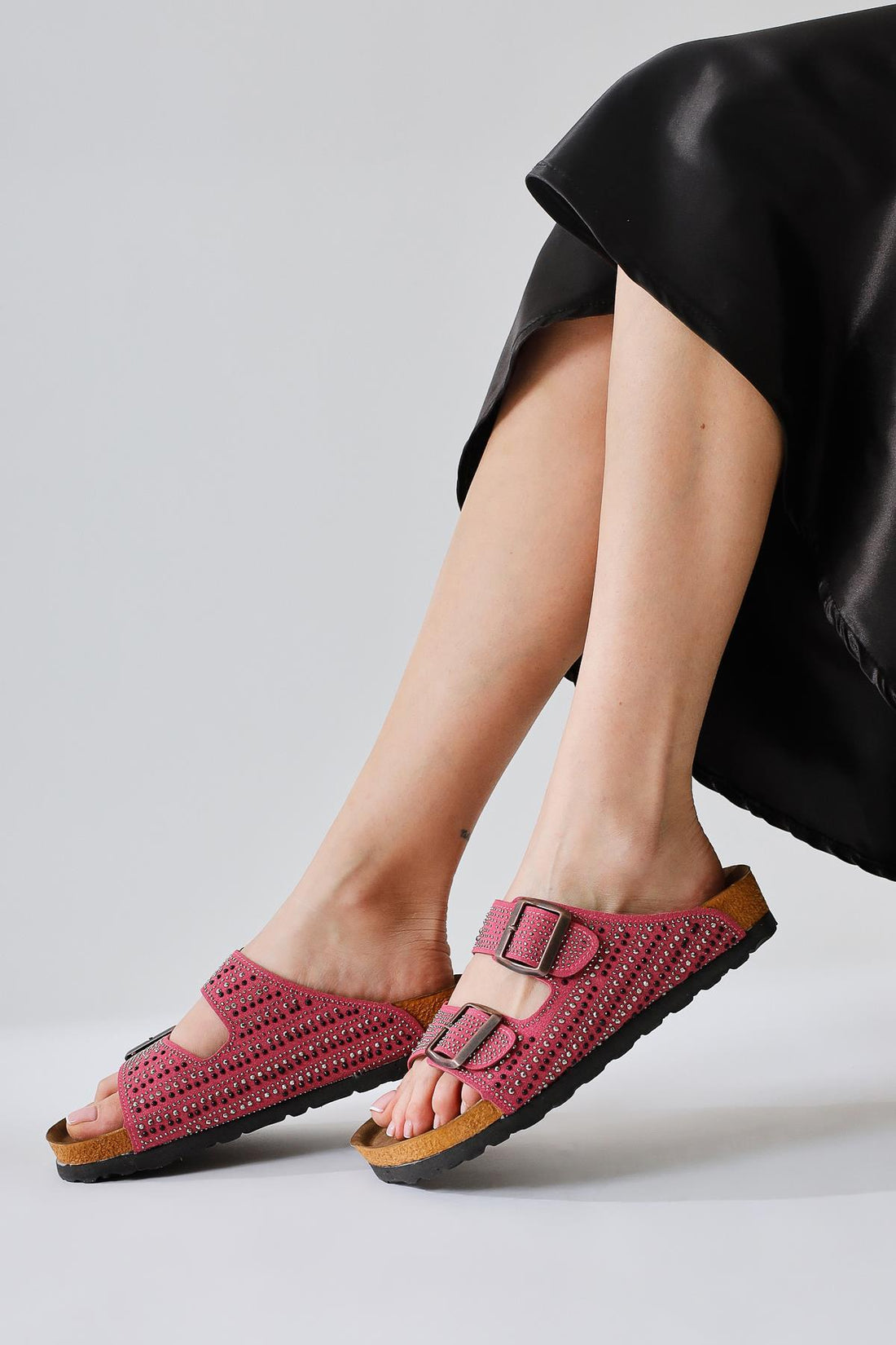Aire Fuchsia Double Strap Stone Detailed Women’s Slippers