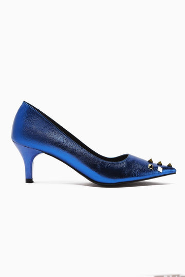 Anni – Navy Shiny Crinkled Patent Pyramid-Studded Heeled Shoe (Women)