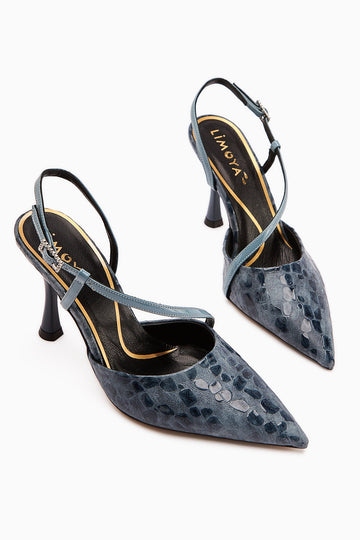 Sarah Genuine Leather – Navy Croc-Embossed Pointed-Toe Heeled Shoe (Women)