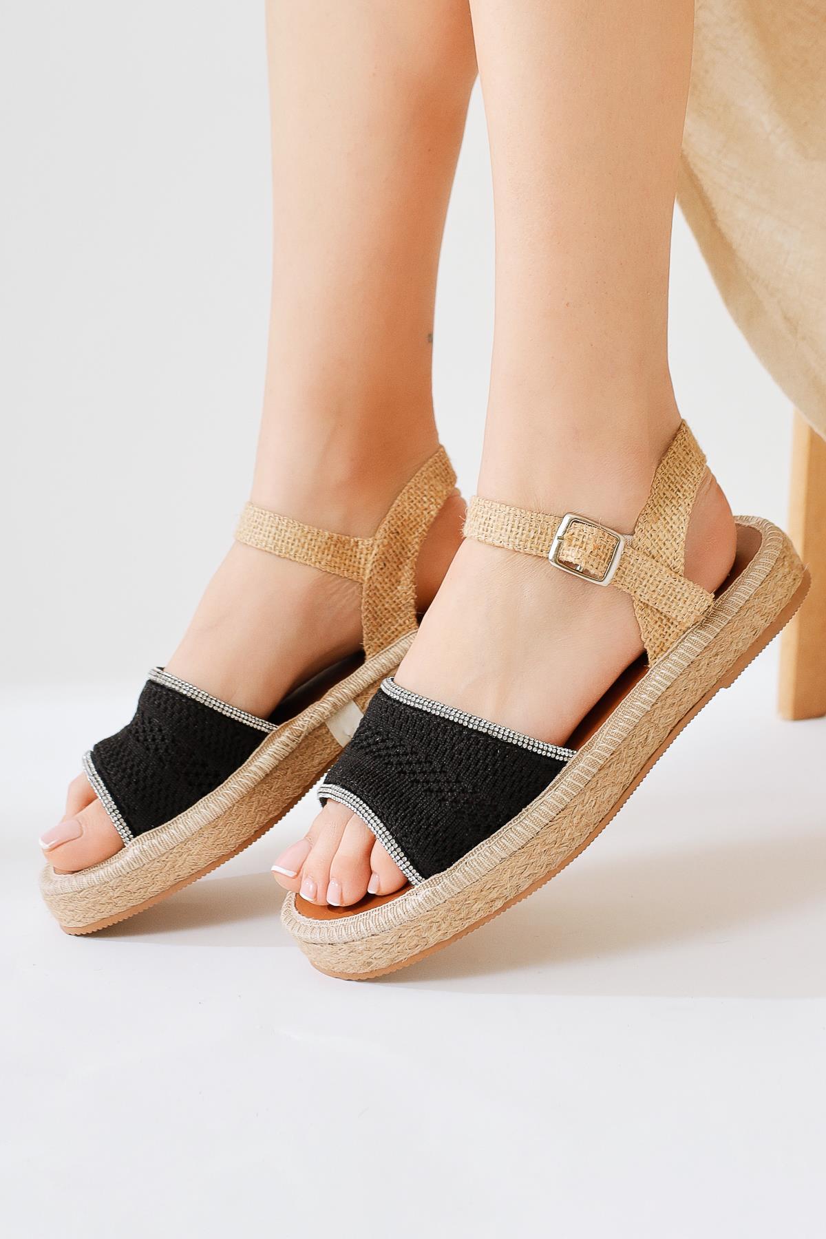 Svetlana Black Stone-Embellished Knitted Strap Sandal