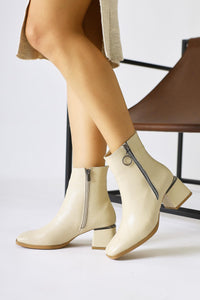 Deyana Beige Crinkled Patent Leather Boot with Zipper Detail