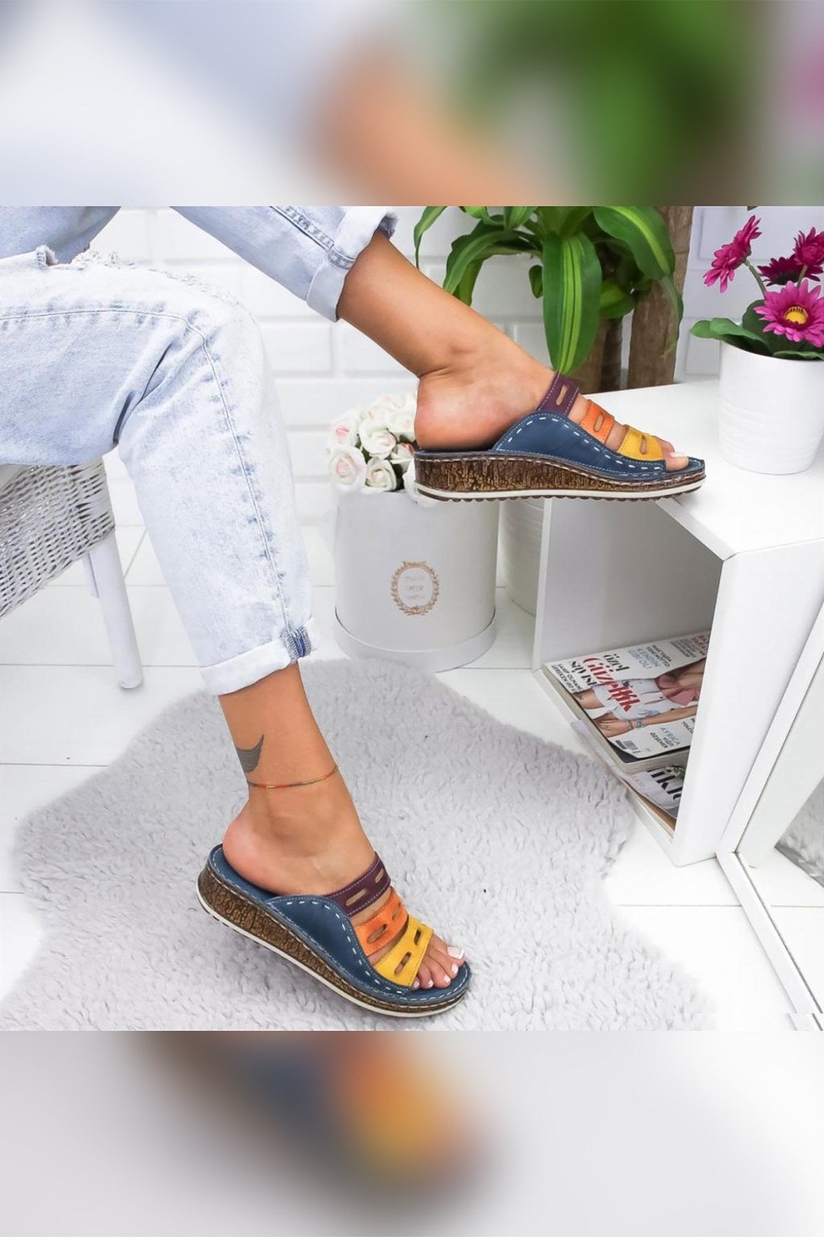 Joelle – Genuine Leather Denim Blue Purple Orange Mustard Laser-Cut Slide (Women)