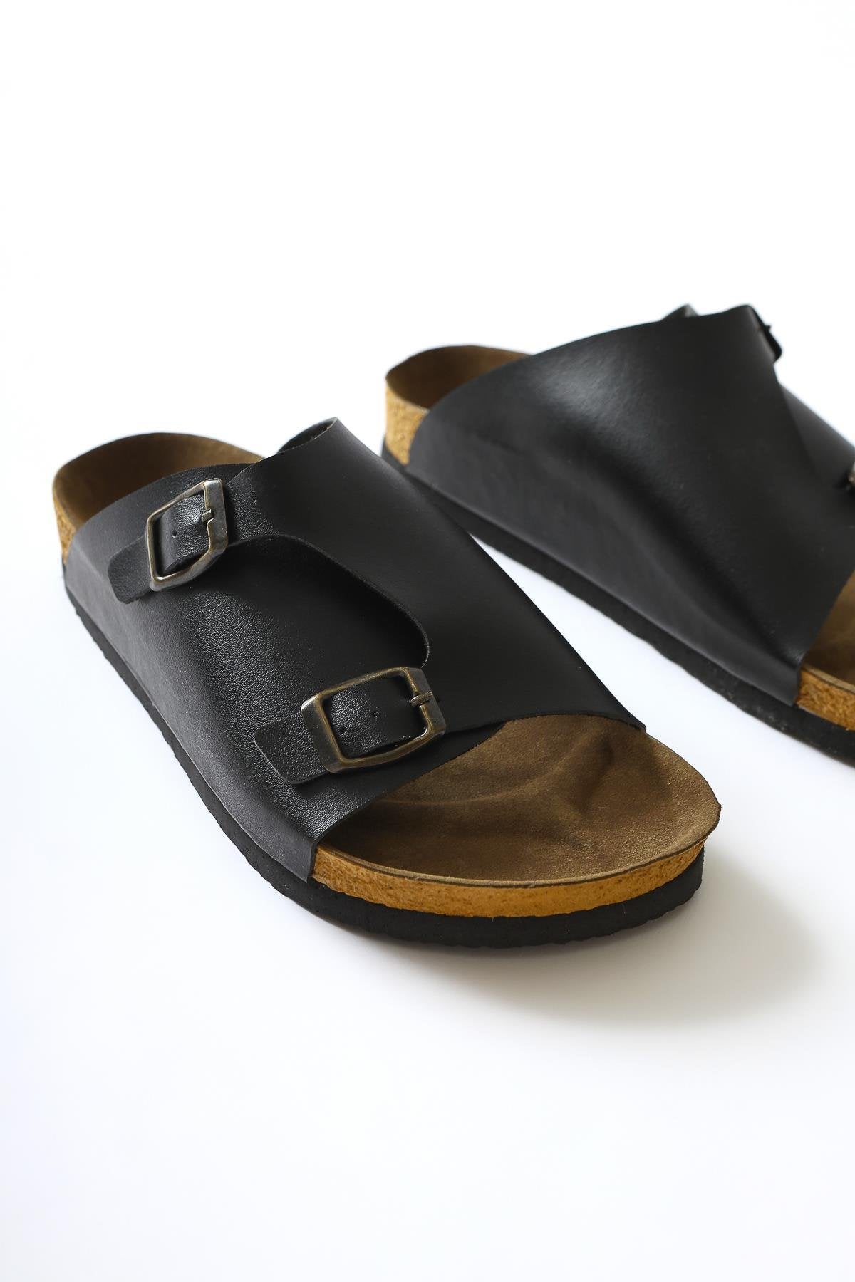 Christella Black Slippers with Double Buckle Detail