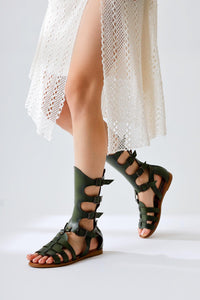 Baisa Genuine Leather Flat Sandal in Olive with Buckle Detail