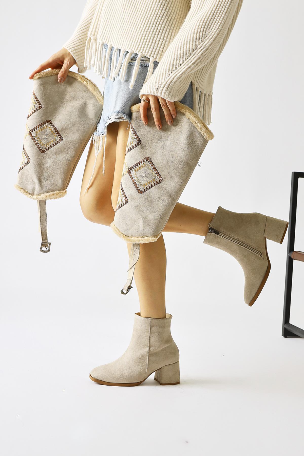 Hilka Beige Suede Removable Shaft with Ethnic Pattern Boots