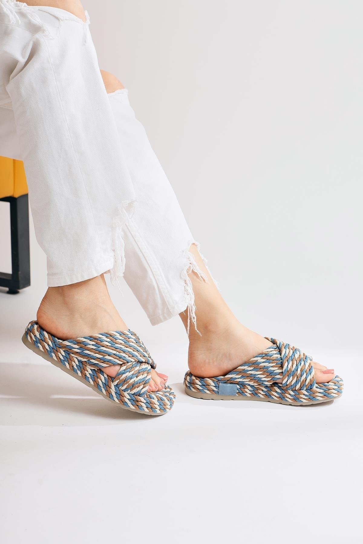 Leiya Blue Cross-Strap Rope Slipper