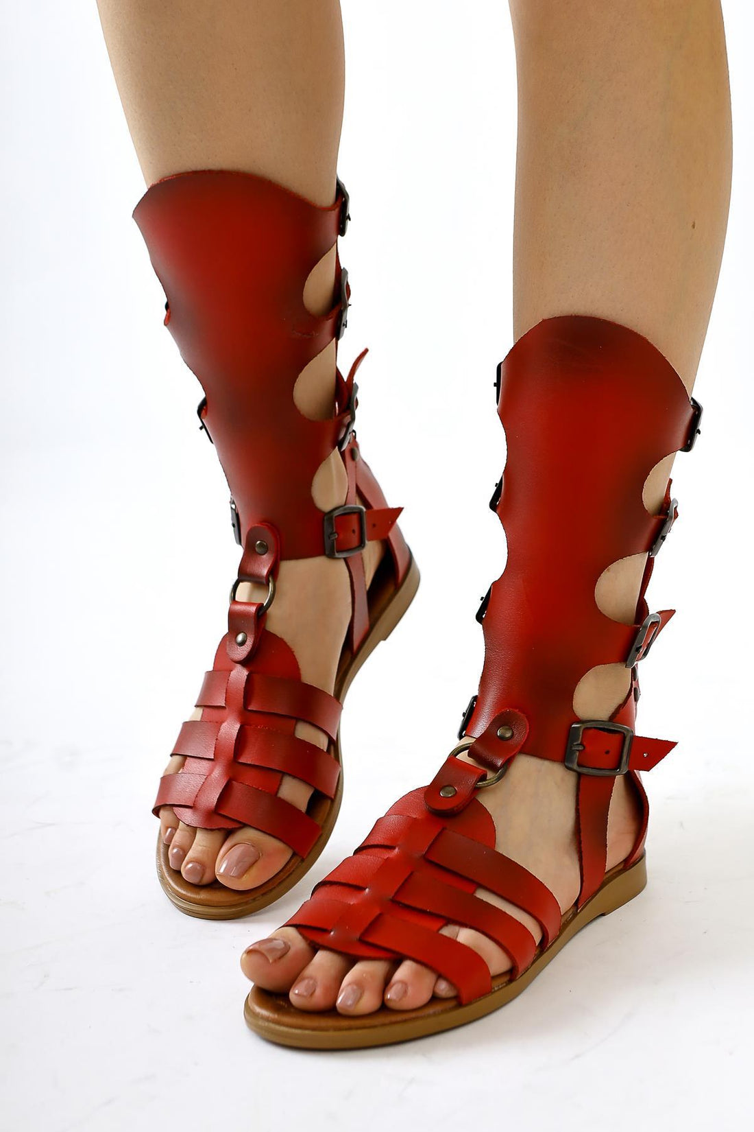 Baisa Genuine Leather Red Buckle Detailed Flat Sandals