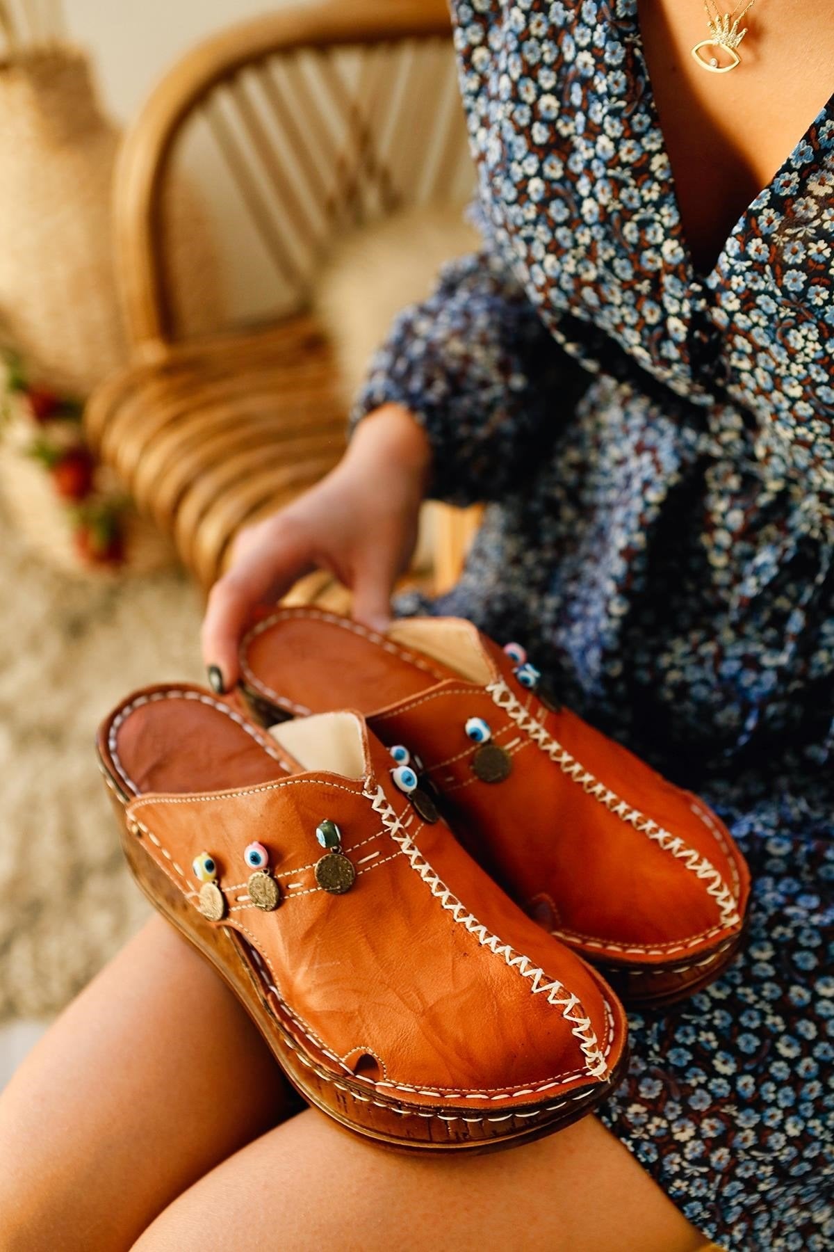 Annika Genuine Leather – Cognac Antique Detail Wedge Clog Slide (Women)