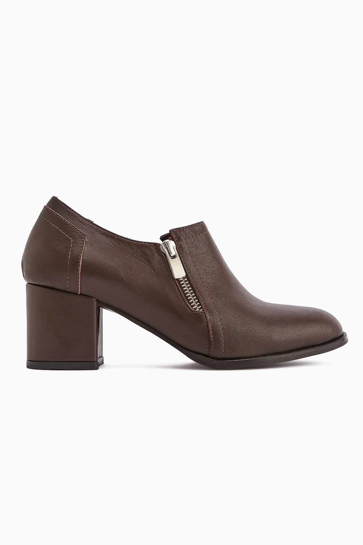 Leona Genuine Leather Brown Zipper Detailed Women's Heels