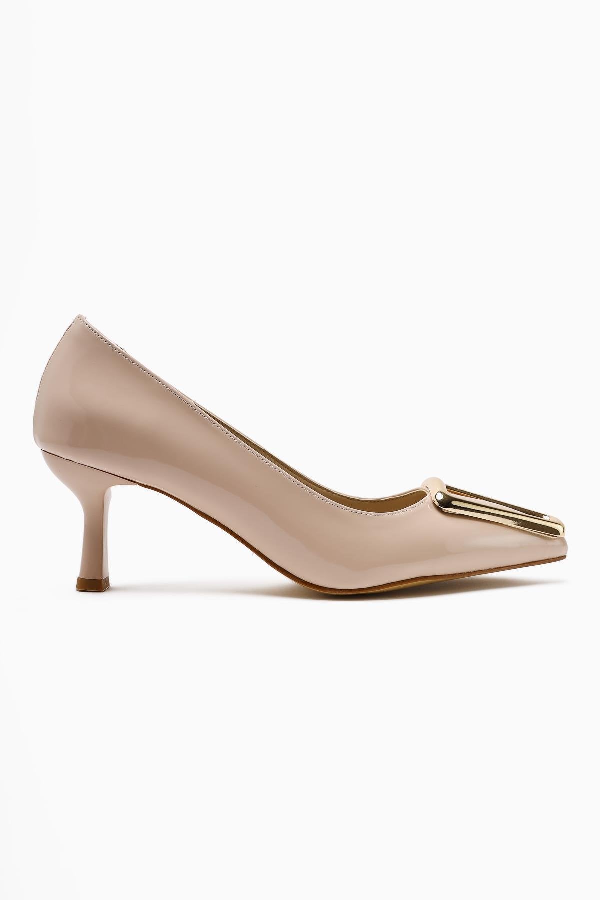 Carla Beige Patent Pointed Toe Buckle Detailed Women’s Heeled Shoes