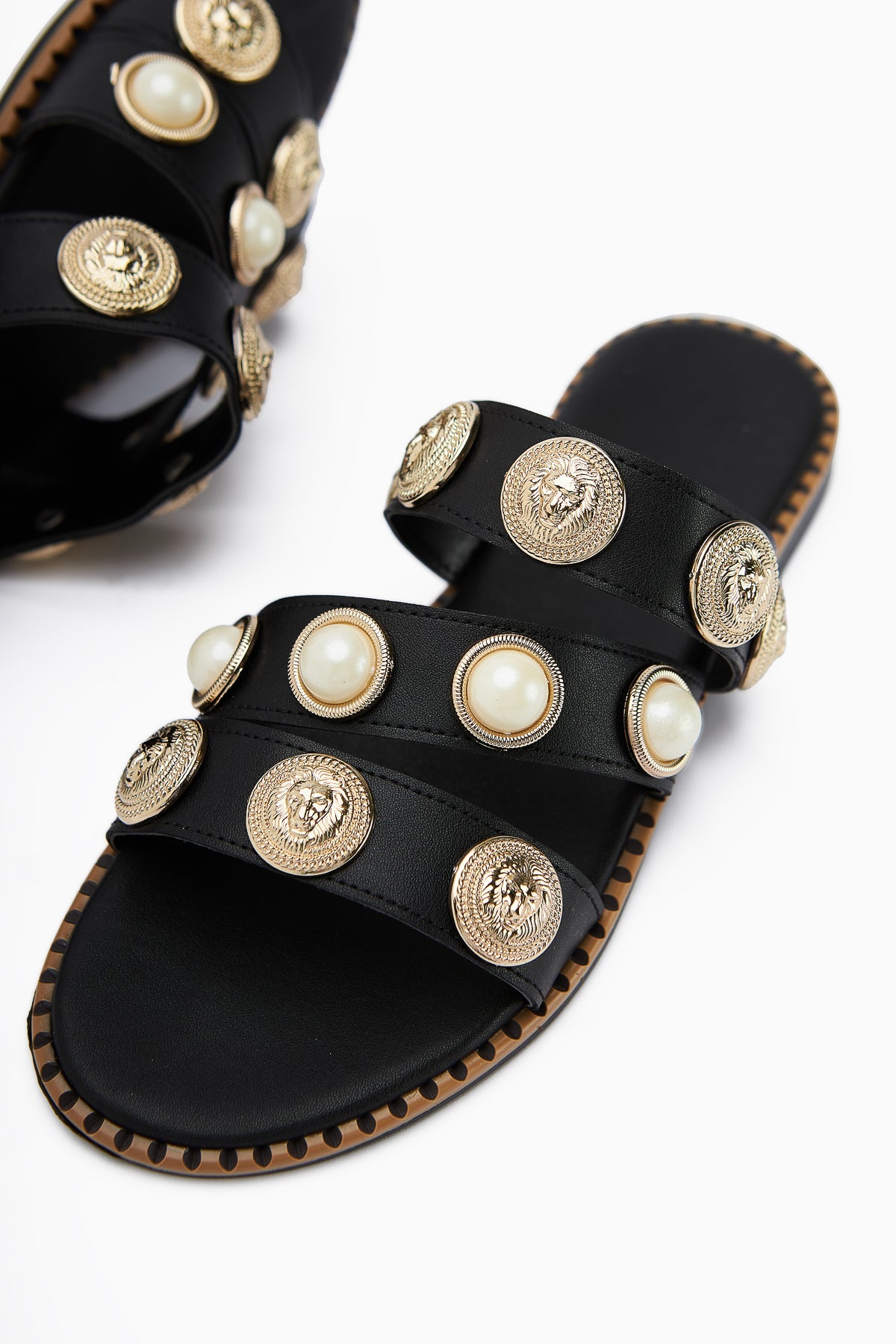 Renaz Black Pearl-Embellished Flat Women's Slippers