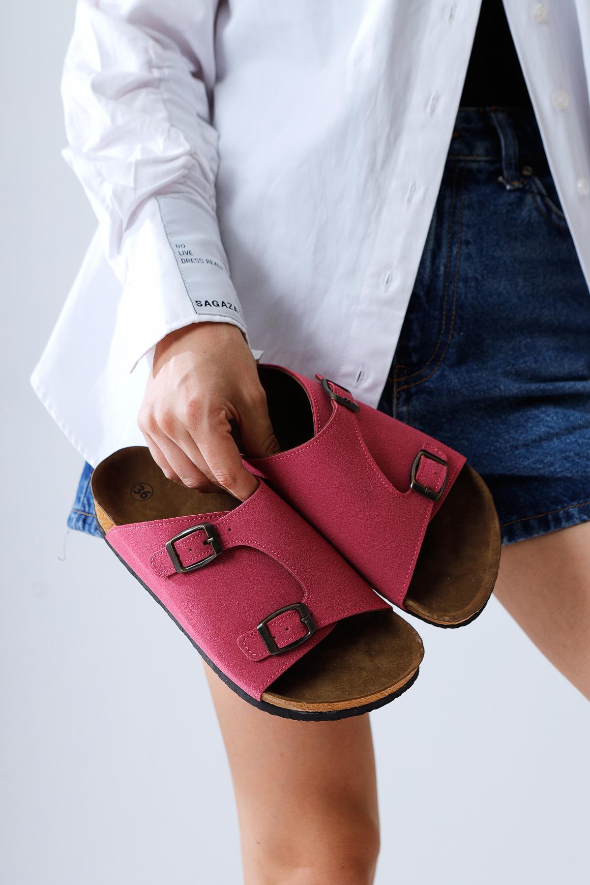 Christella Fuchsia Suede Slippers with Double Buckle Details