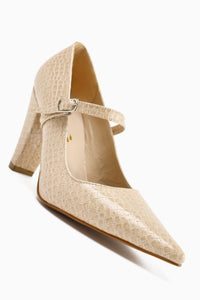 Beate Beige Crocodile Leather Print Pointed Toe Heeled Women’s Shoes