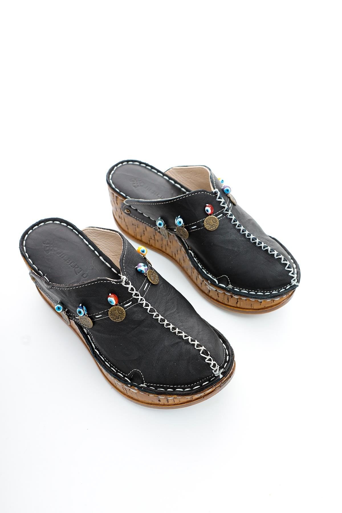 Annika Genuine Leather – Black Antique Detail Wedge Clog Slide (Women)