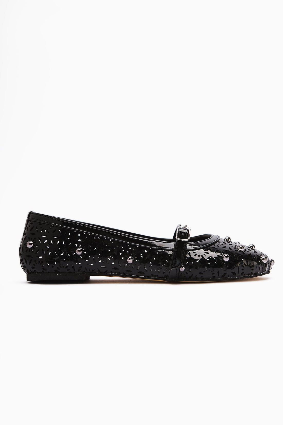 Jara Black Patent Leather Women's Ballet Flat with Ethnic Pattern and Perforated Design