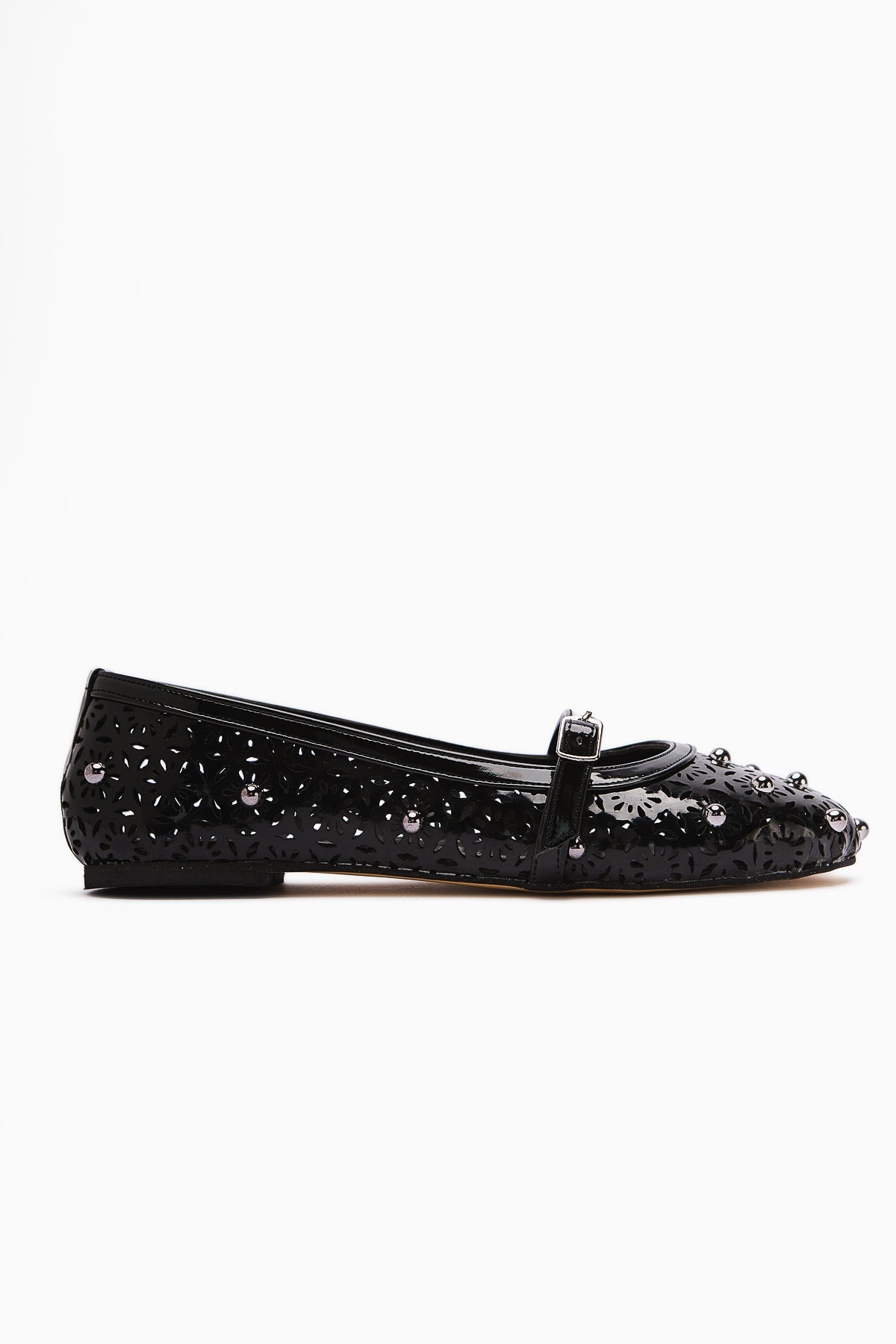 Jara Black Patent Leather Women's Ballet Flat with Ethnic Pattern and Perforated Design