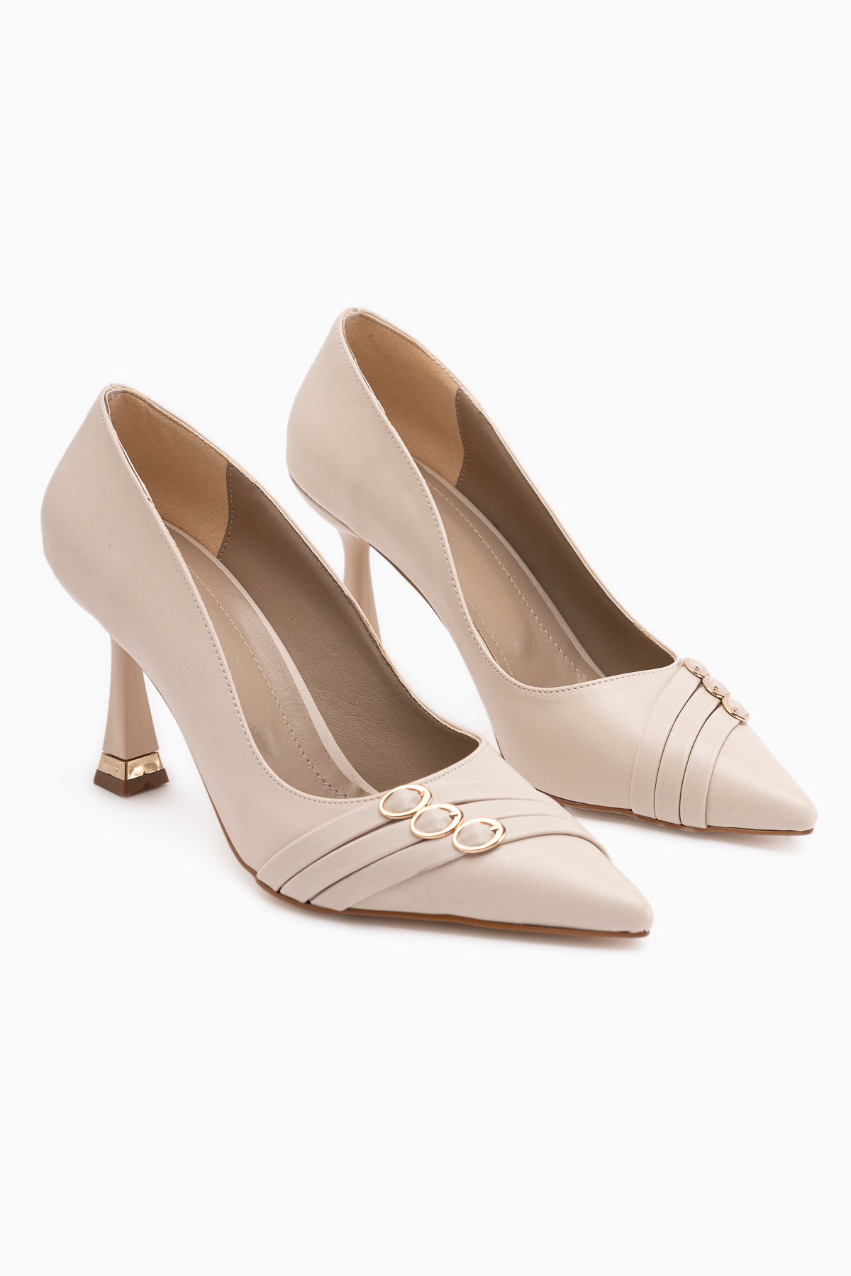 Lavina Beige Strappy Gold Heeled Pointed Toe Stiletto