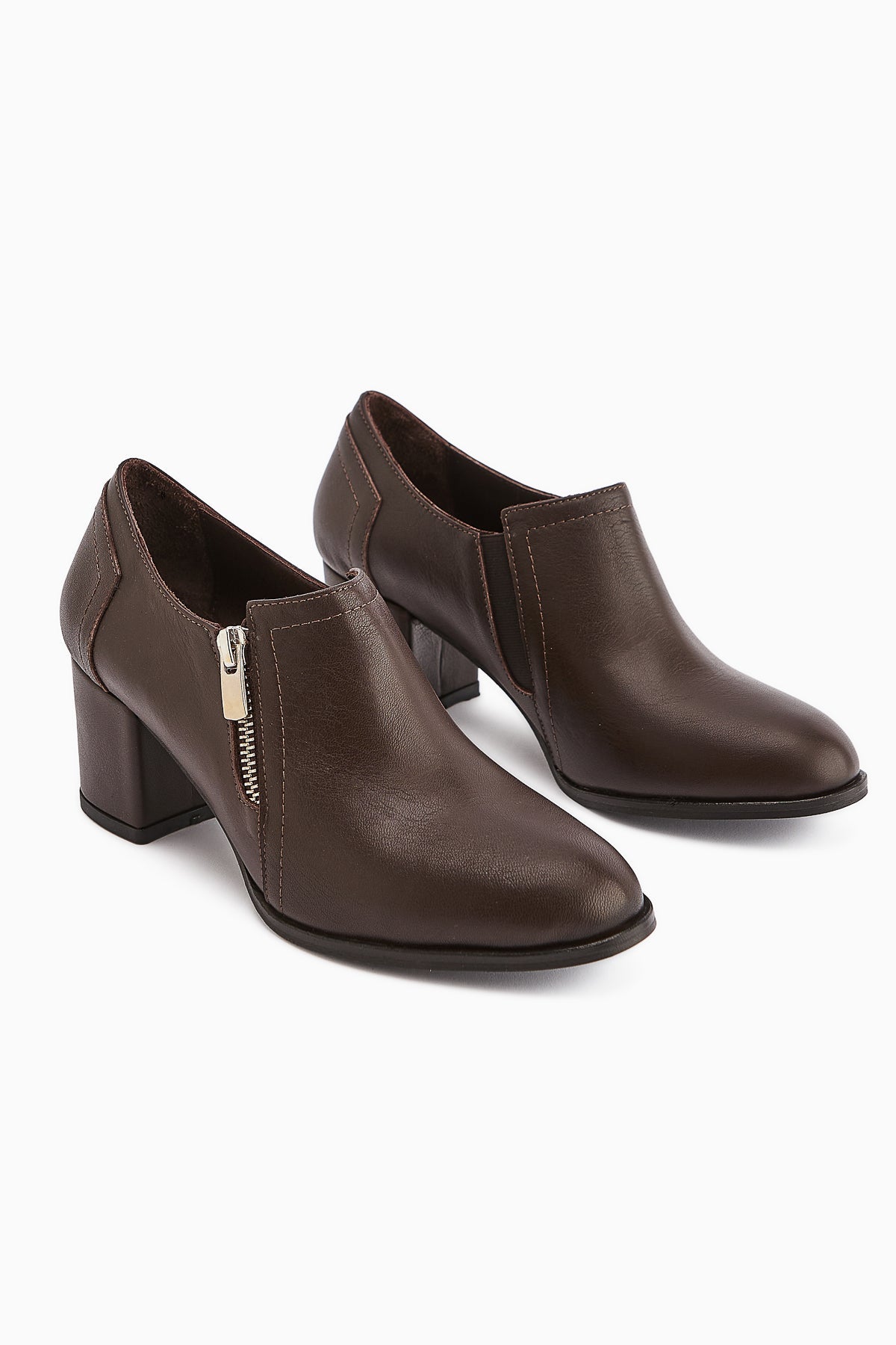 Leona Genuine Leather Brown Zipper Detailed Women's Heels