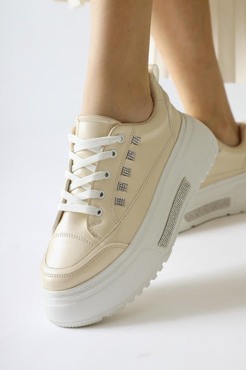 Tram Beige Thick Sole Stone Detailed Lace-up Sneakers