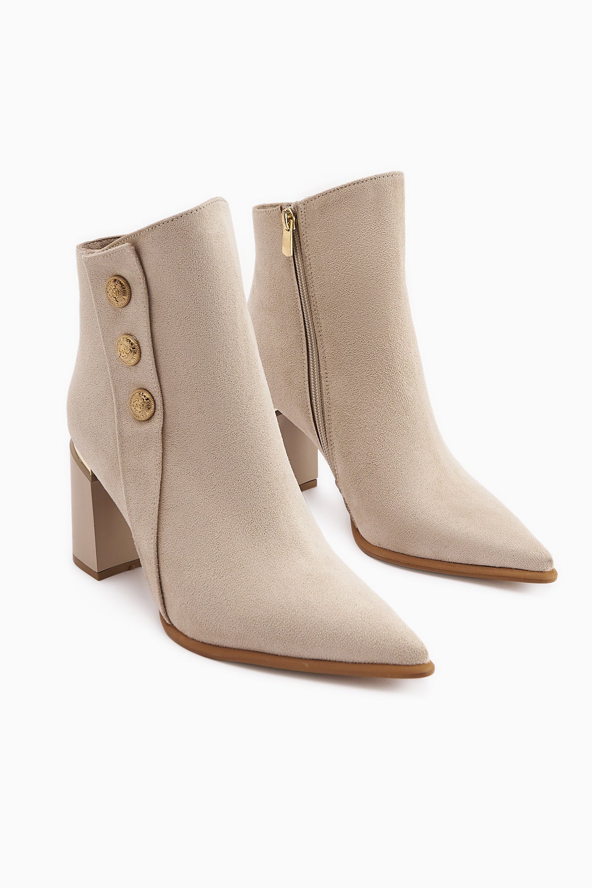 Mayvi Beige Suede Buckle Detailed Heeled Women's Boot