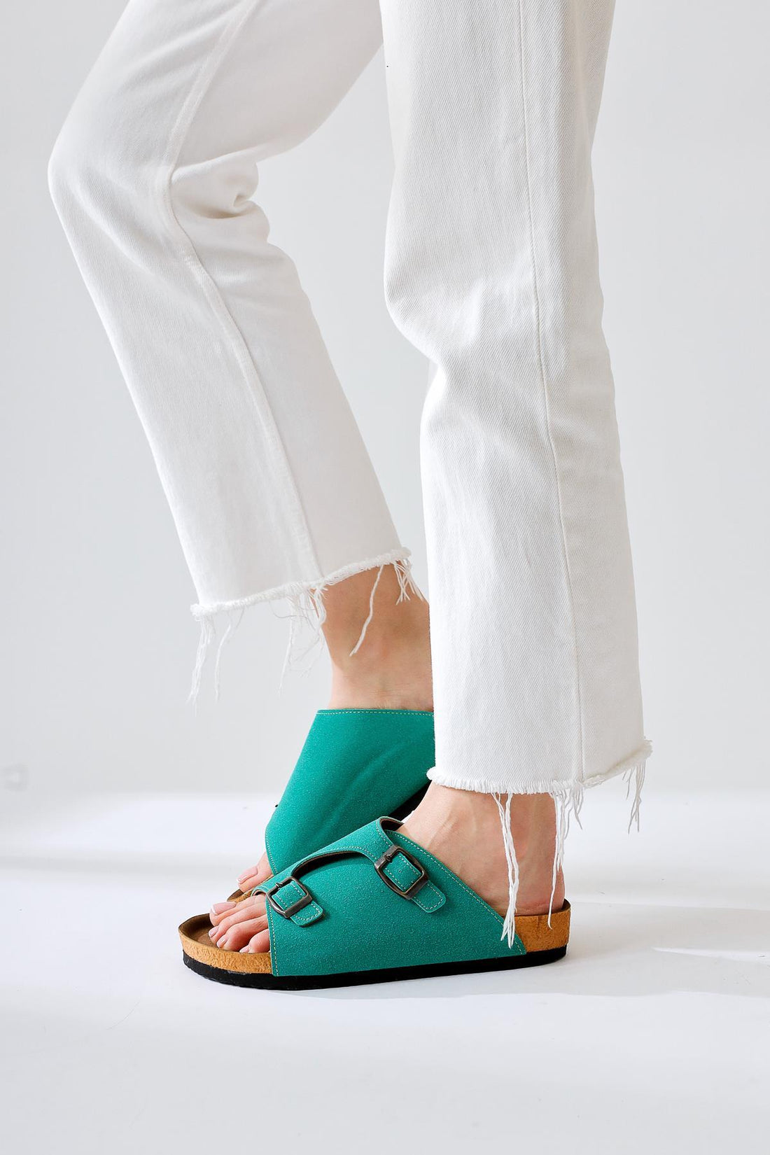 Christella Green Suede Slide with Double Buckle Detail