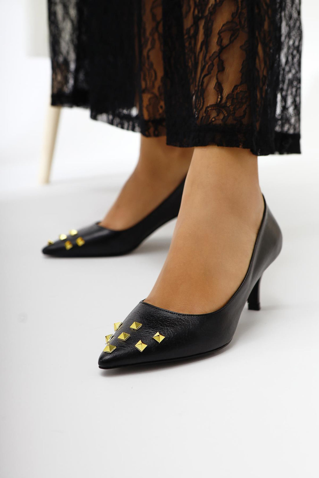 Anni Black Crinkled Patent Pyramid Studded Women’s Heeled Shoes